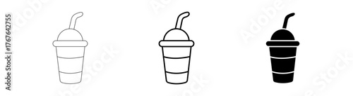 Versatile set of disposable takeaway beverage cup vector icons with a straw, featuring outline, bolder stroke, and solid silhouette styles for modern design needs