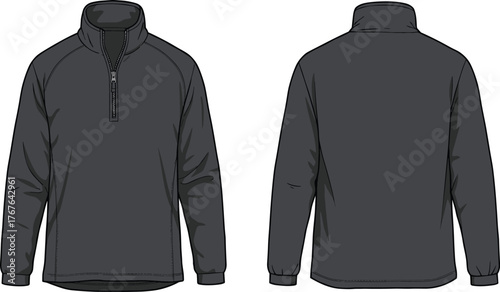 Dark quarter zip pullover jacket front and back view vector illustration, athletic casual wear design, long sleeve sportswear fashion