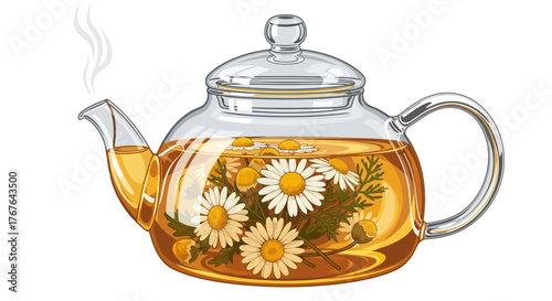 Transparent teapot with chamomile tea and flowers on white background