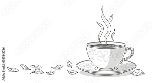 Elegant floral tea cup with steam and falling leaves in linear artwork