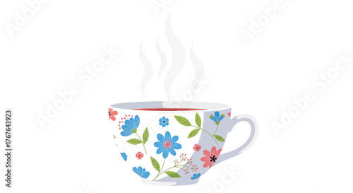 Floral tea cup with steam and vibrant flowers on white background