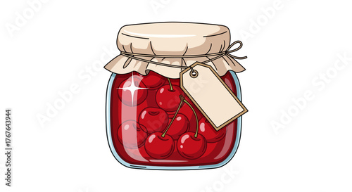 Charming cartoon cherry jar with label and rustic lid for homemade preserves