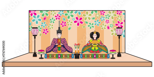 Illustration vector Smart and Cute Japanese dolls festival or child day or girl day called  Hinamatsuri with doll dress as Japan emperor and empress with accessories and background drawing vector