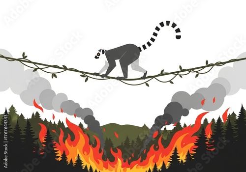 Lemur Balancing Over Forest Fire Wildlife Conservation Illustration