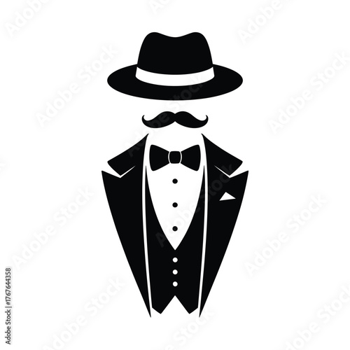 Elegant gentleman silhouette wearing a tuxedo hat and bow tie