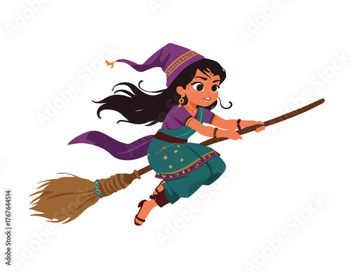 Cartoon Witch Character Flying on a Broomstick Vector