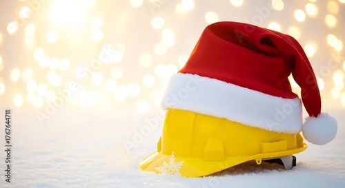 Yellow construction helmet with Santa hat on snowy surface  