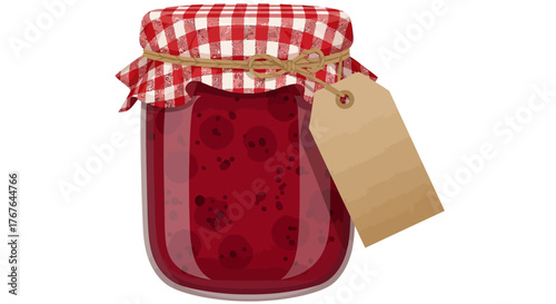 Traditional red berry jam jar with checkered lid and tag