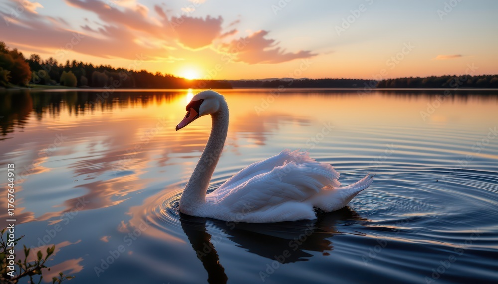 Fototapeta premium Graceful Swan Swimming at Sunset Over Serene Lake Surface