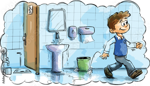 Dirty school toilet. Little cartoon boy student throwing his trash on the ground. Open taps. Waste of water.