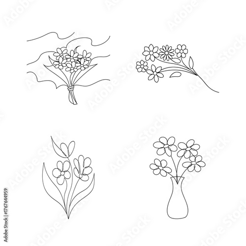 Simple floral line art compositions flowers bouquet