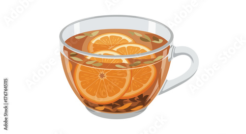 Clear glass teacup with orange slices and herbal tea infusion