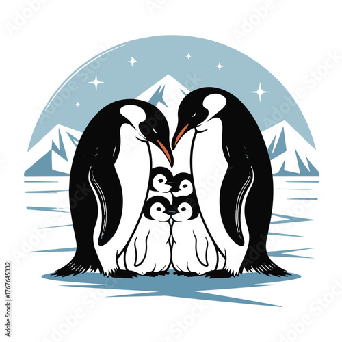A heartwarming illustration of a penguin family with two parents and two chicks huddled together in a snowy landscape with mountains