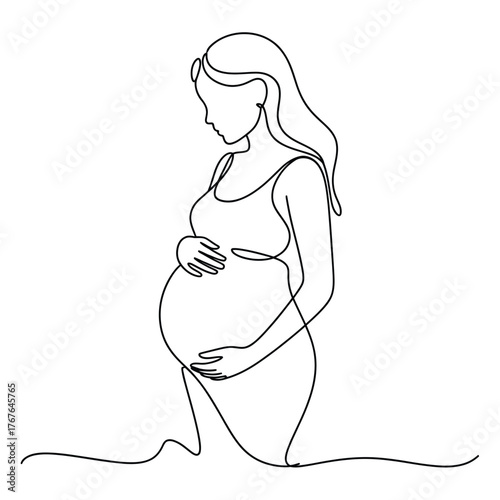 Elegant line art drawing of a pregnant woman holding her belly