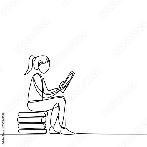 Minimalist line drawing of a girl reading a book sitting on a stack of books
