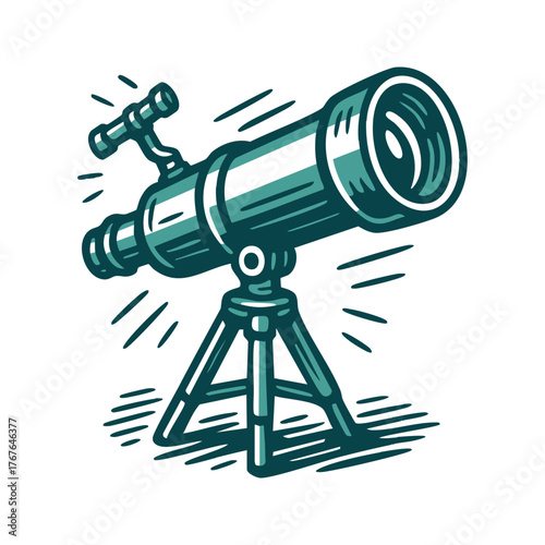 Vintage Telescope Hand Drawn Linocut Illustration