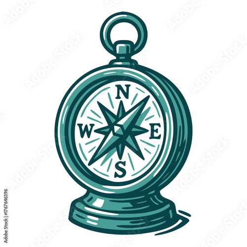 Vintage Compass Hand Drawn Linocut Illustration