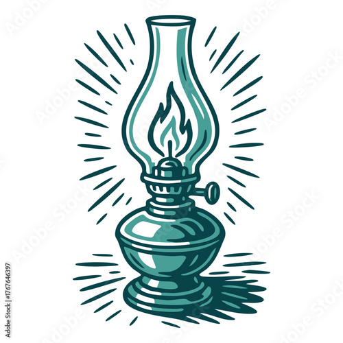 Vintage Oil Lamp Hand Drawn Linocut Illustration
