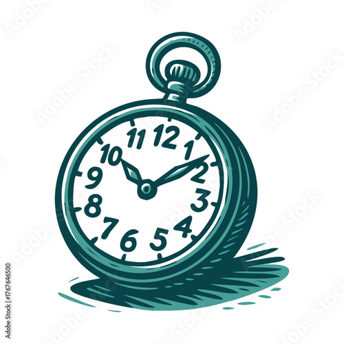 Vintage Pocket Watch Hand Drawn Linocut Illustration