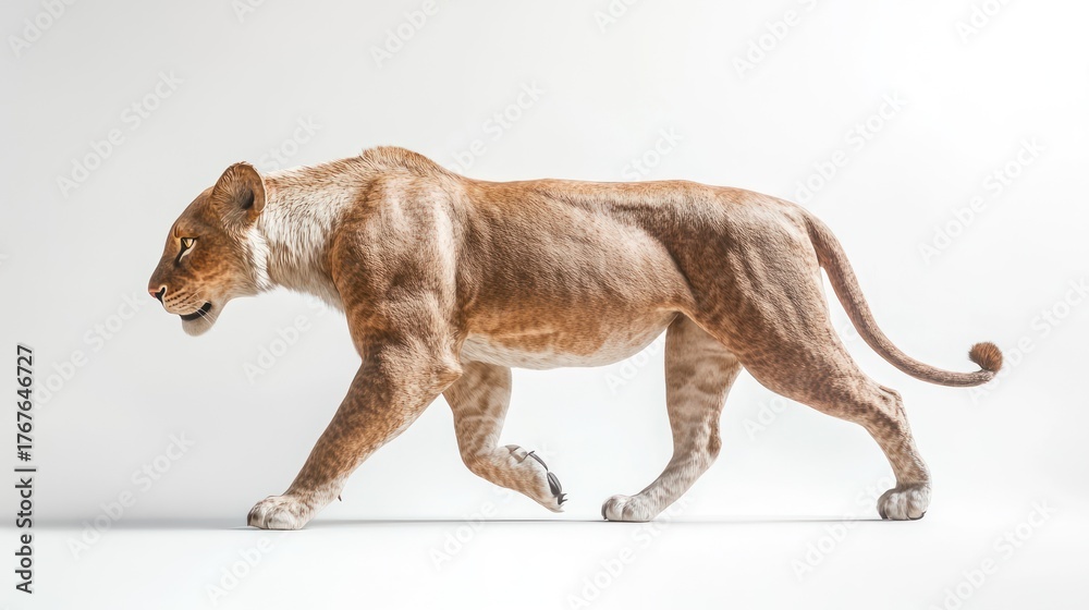 Obraz premium Lion walking in profile view on plain background, wildlife stock photo use