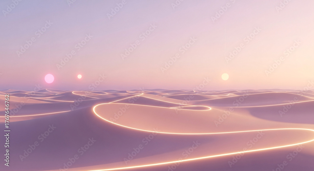 Naklejka premium Surreal Desert Dunes with Glowing Lines Under a Pastel Sky