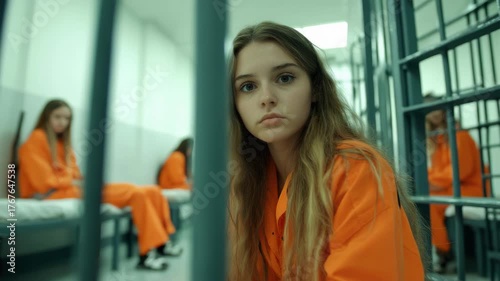 A young woman is in a prison. She wears an orange jumpsuit and sits inside her cell with metal bars. Other prisoners are also visible in the jail. This is a scene of captivity