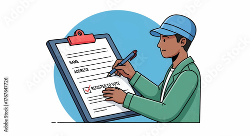 Modern vector graphic of a glossy blue vote button, featuring patriotic stripes for Election Day, ideal for campaigns and civic engagement initiatives