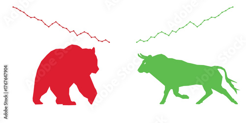 Bull and bear stock market concept vector illustration. Bullish and bearish market. Investment and business background