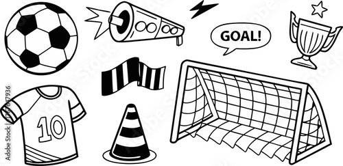 A collection of hand-drawn style illustrations of soccer-related items, arranged across a white background. The central subject is a soccer ball in the upper left corner, adjacent to a goal net. Other