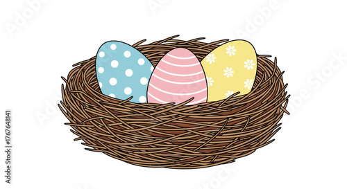Easter nest with colorful patterned eggs in a wicker basket