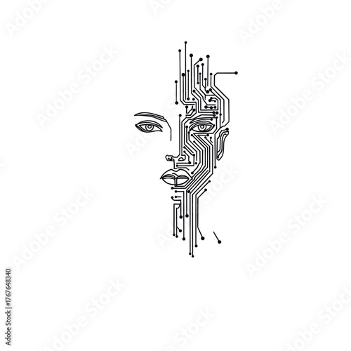 Minimalist line art of a human face merged with electronic circuit design, symbolizing AI, technology and human-machine interface