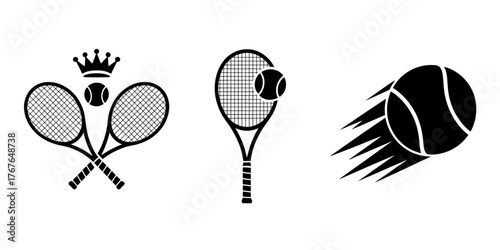 Elegant Tennis Tournament Design Featuring Crossed Rackets Crown and a Dynamic Motion Ball in Black and White