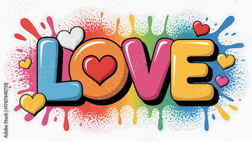 Colorful Love Typography with Hearts and Splashes a Vibrant Celebration of Affection and Joy