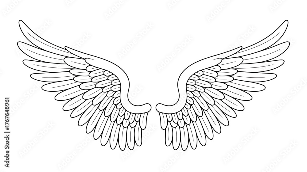 Obraz premium Elegant Wing Illustration Black and White Line Art Featuring Feathers for Tattoo Design and Creative Projects