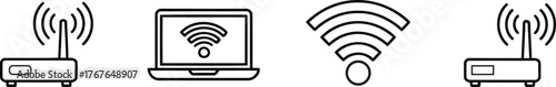 Set of icons representing wireless internet connection and devices