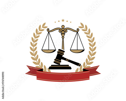 Elegant justice scales and gavel emblem surrounded by laurel leaves and stars ideal for legal services branding