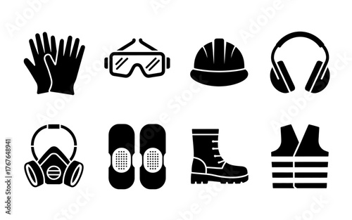 Essential personal protective equipment in black silhouette for industrial construction and safety purposes providing comprehensive protection and compliance