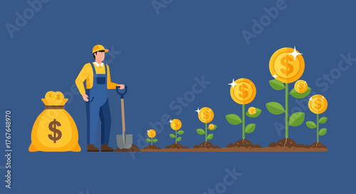 Financial Investment & Growth: Farmer Nurturing Money Plants
