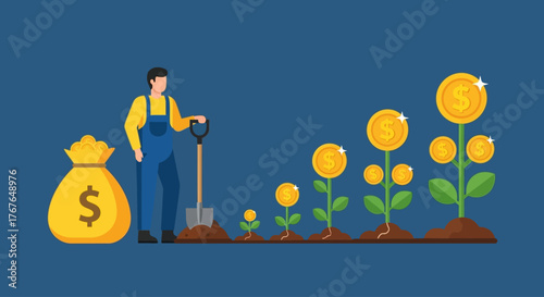 Financial Investment & Growth: Farmer Nurturing Money Plants