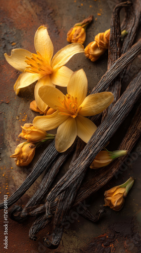 Bacche e fiori di vaniglia naturale su fondo caldo e terroso, simbolo di eleganza e ingredienti raffinati per profumeria e cosmetica gourmet