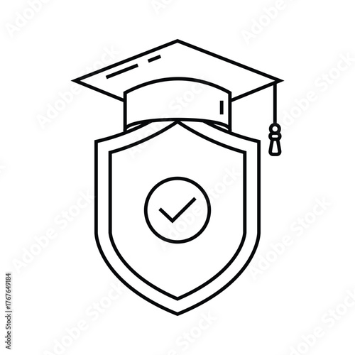 shield with graduation hat, education insurance icon,  help education, thin line vector illustration