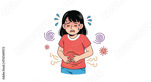 Young girl with stomach ache and fever, surrounded by swirling abstract shapes and virus illustrations.