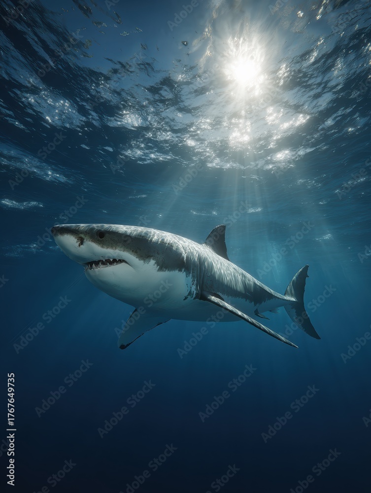 Fototapeta premium great white shark swimming in sunlight underwater