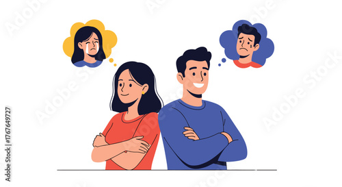 Illustration of a couple with contrasting emotions shown in thought bubbles above them.