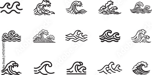 Collection of stylized vector wave illustrations for marine and nautical themes
