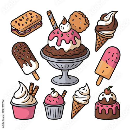 Vibrant and colorful assortment of ice cream, popsicles, and frozen desserts with various toppings and flavors