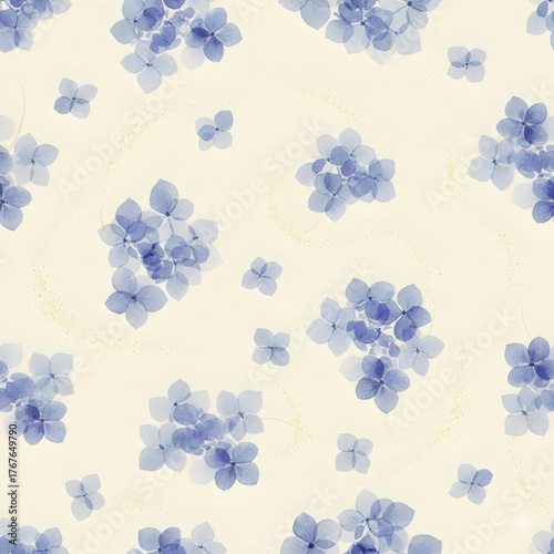 Seamless pattern with delicate blue hydrangea flowers, elegant botanical style.
