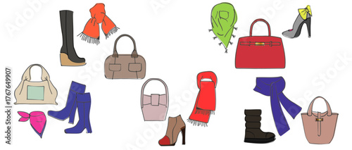 秋冬のファッション小物セット　バッグとマフラーのベクターイラスト