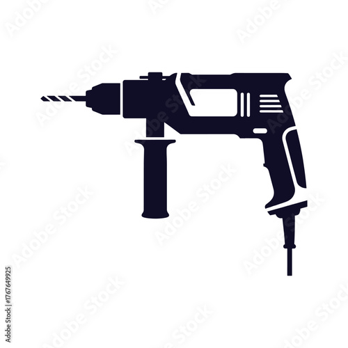 Dark blue silhouette of a rotary hammer drill with a drill bit tool power