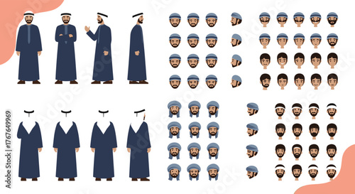 Collection of animated pixel art characters in traditional Arabic clothing, showing different poses and facial expressions.